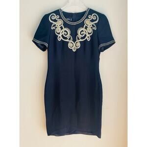 1990s Vintage ESCADA Silk Dress Classic Minimalist Preppy Navy Blue Size XS S